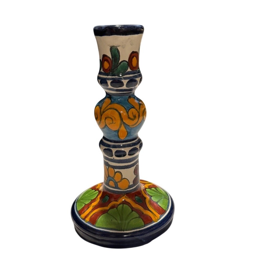 Talavera Taper Candle Holder Floral Multicolor Hand Painted Signed Folk